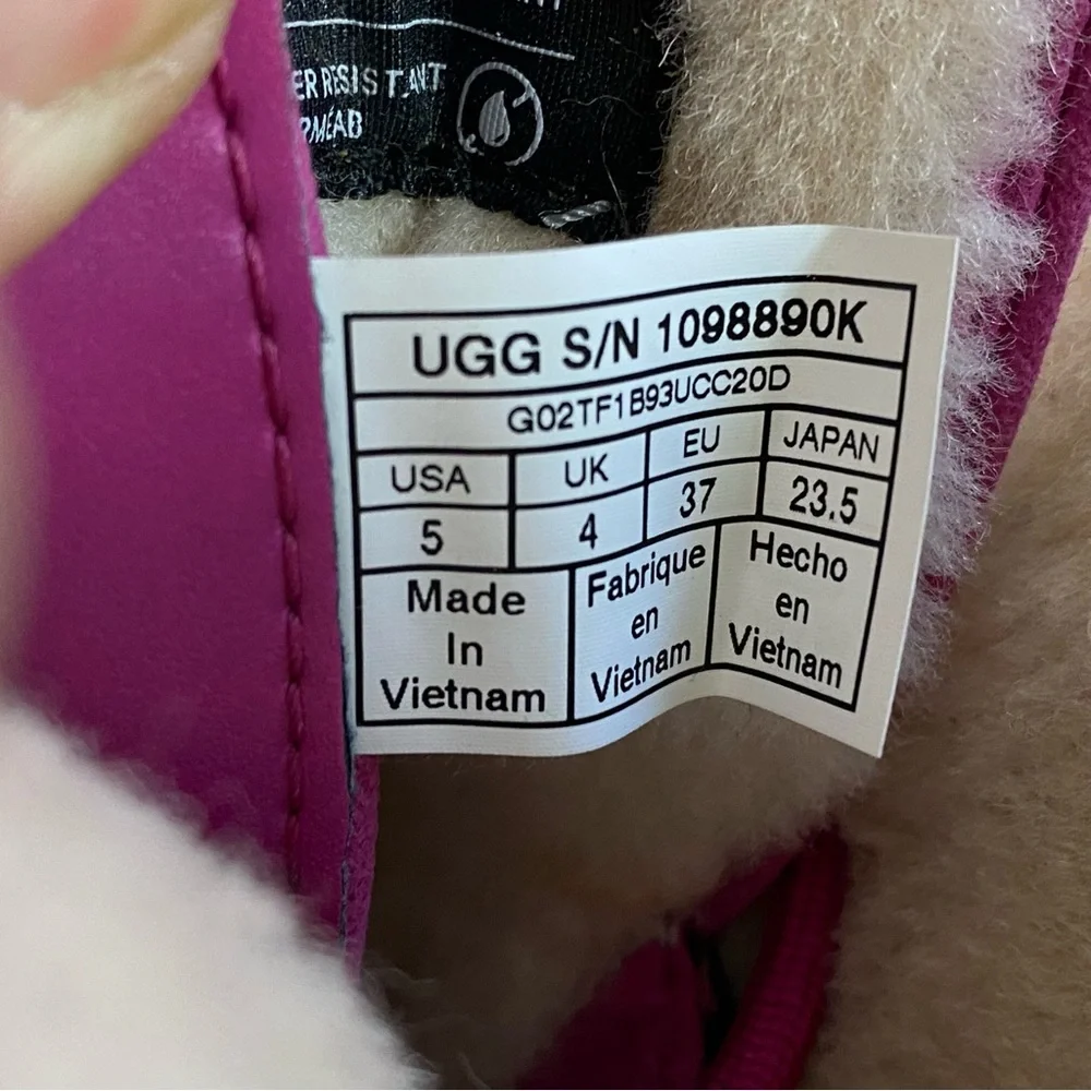 UGG Butte II Boots Girls‎ 5 Women 6 Pink Leather Waterproof Insulated Sheepskin